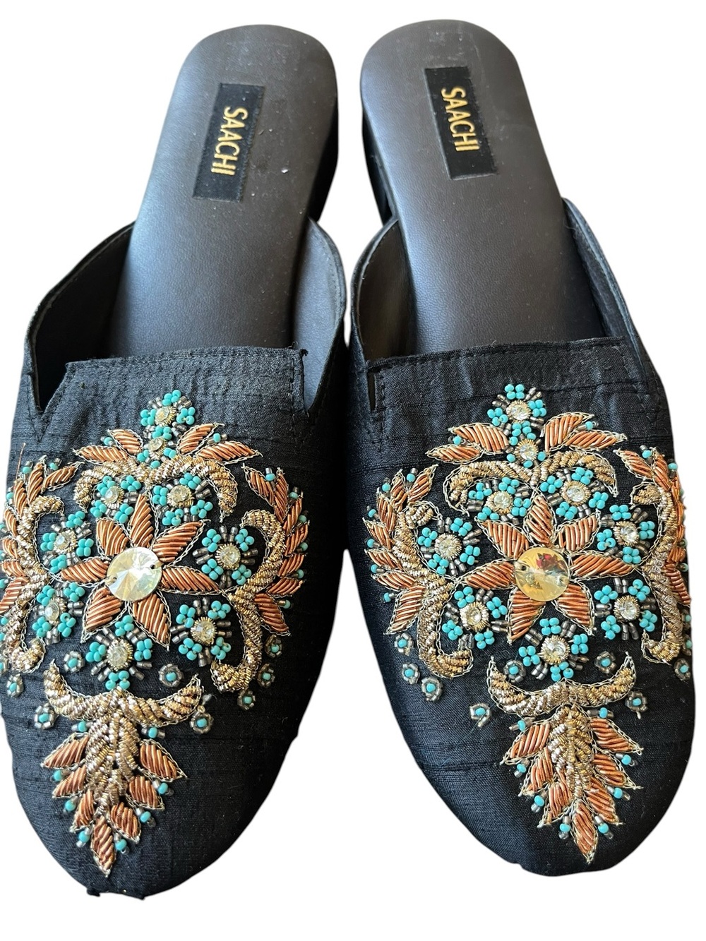 Saachi Black Embellished Beaded Turquoise Gold Floral Boho Slide Mules Size 8